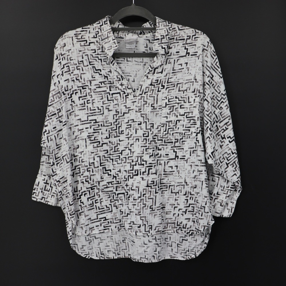 Natori Geometric Print Top Womens L White‎ 3/4 Sleeve V-Neck Cotton Contemporary
